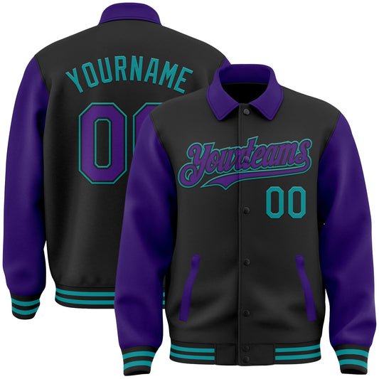 Custom Black Purple-Teal Bomber Full-Snap Varsity Letterman Two Tone Lapel Collar Byron Jacket - Main View