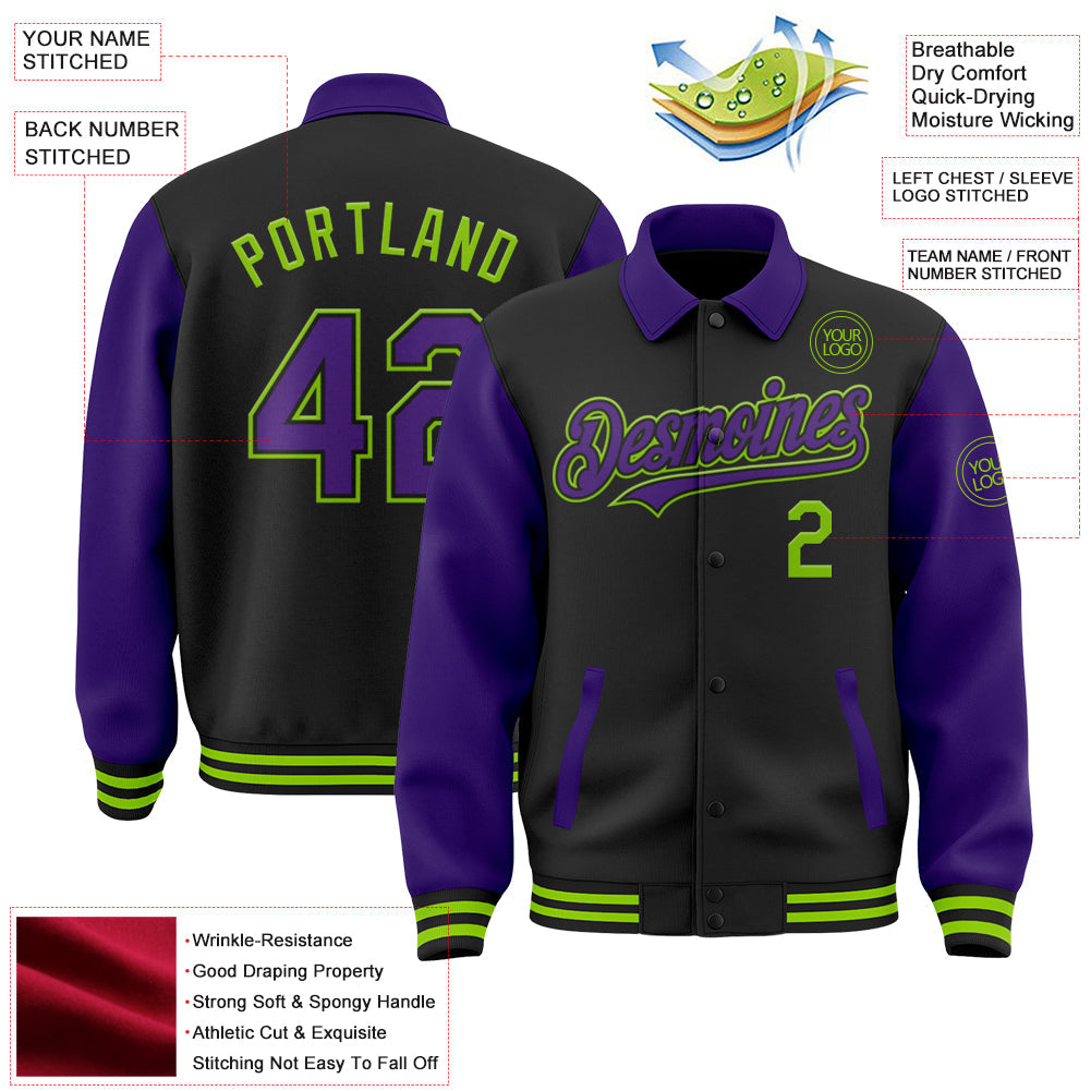 Custom Black Purple-Neon Green Bomber Full-Snap Varsity Letterman Two Tone Lapel Collar Byron Jacket view 3