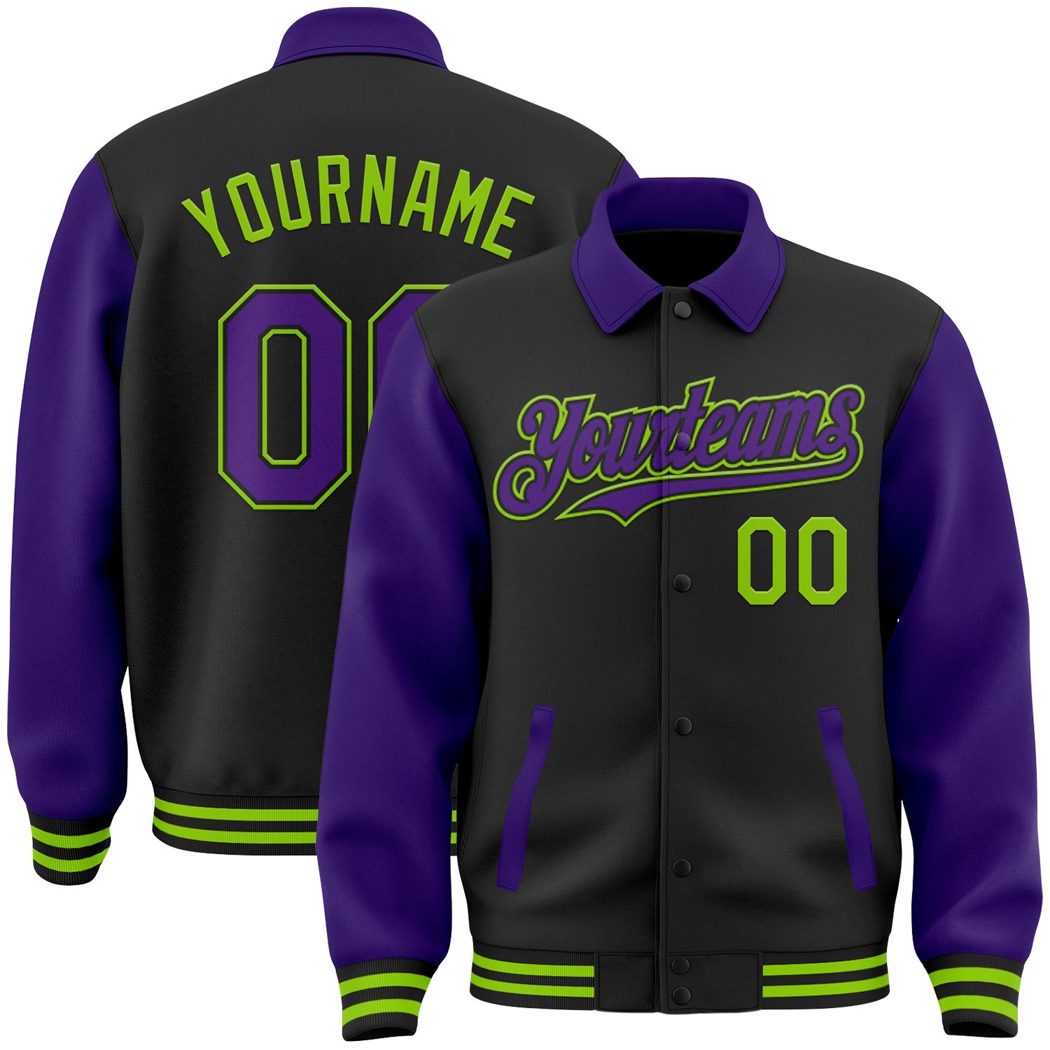 Custom Black Purple-Neon Green Bomber Full-Snap Varsity Letterman Two Tone Lapel Collar Byron Jacket - Main View