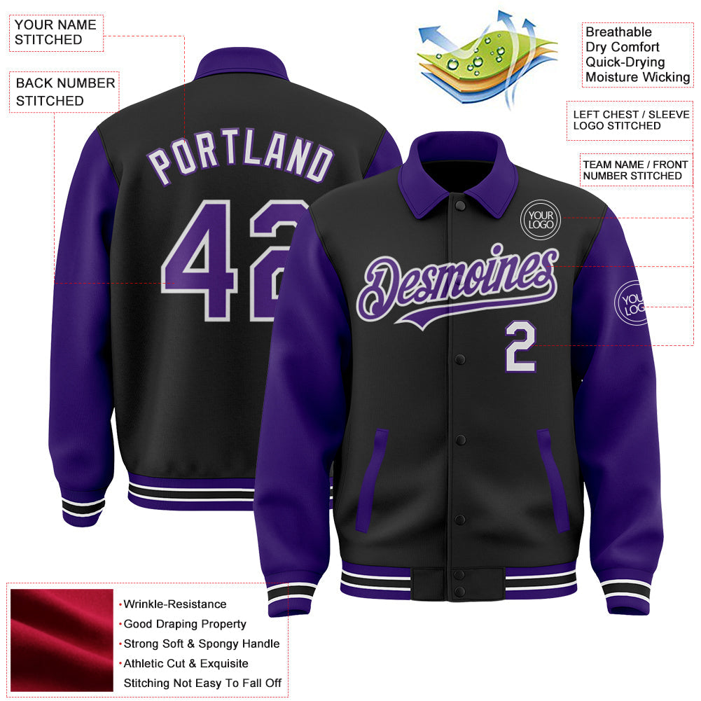 Custom Black Purple-White Bomber Full-Snap Varsity Letterman Two Tone Lapel Collar Byron Jacket view 3