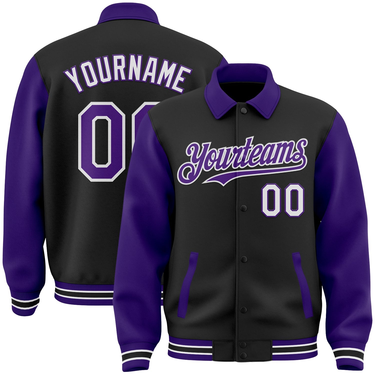 Custom Black Purple-White Bomber Full-Snap Varsity Letterman Two Tone Lapel Collar Byron Jacket - Main View