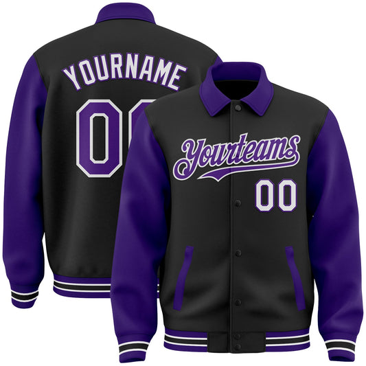Custom Black Purple-White Bomber Full-Snap Varsity Letterman Two Tone Lapel Collar Byron Jacket - Main View