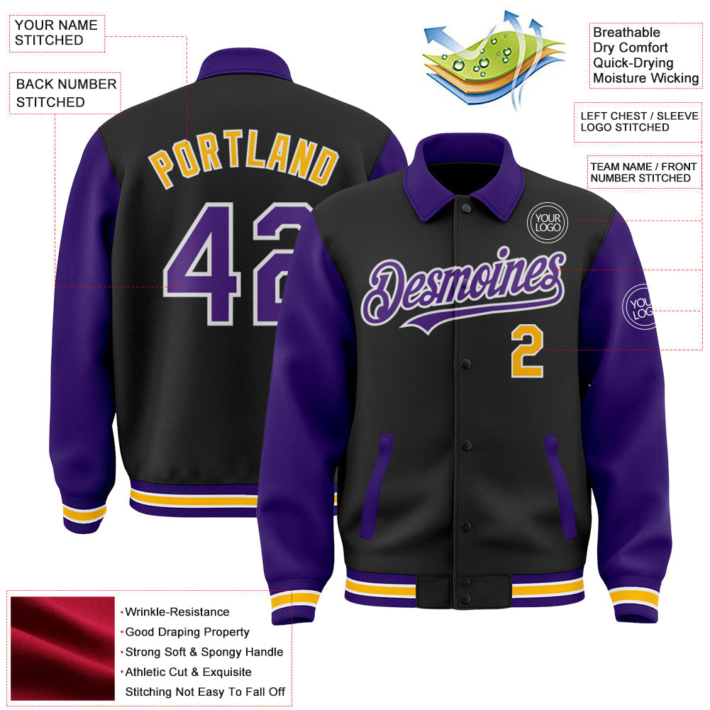 Custom Black Purple-Gold Bomber Full-Snap Varsity Letterman Two Tone Lapel Collar Byron Jacket view 3