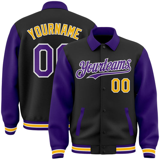 Custom Black Purple-Gold Bomber Full-Snap Varsity Letterman Two Tone Lapel Collar Byron Jacket - Main View
