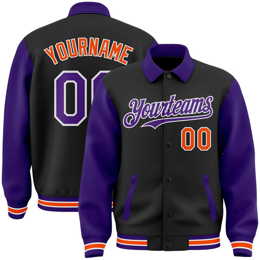 Custom Black Purple-Orange Bomber Full-Snap Varsity Letterman Two Tone Lapel Collar Byron Jacket - Main View
