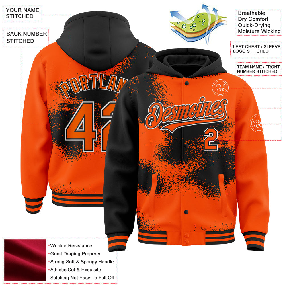 Custom Orange Black-White Abstract Color Blocks Fragment Art 3D Pattern Design Bomber Full-Snap Varsity Letterman Hoodie Jacket view 3
