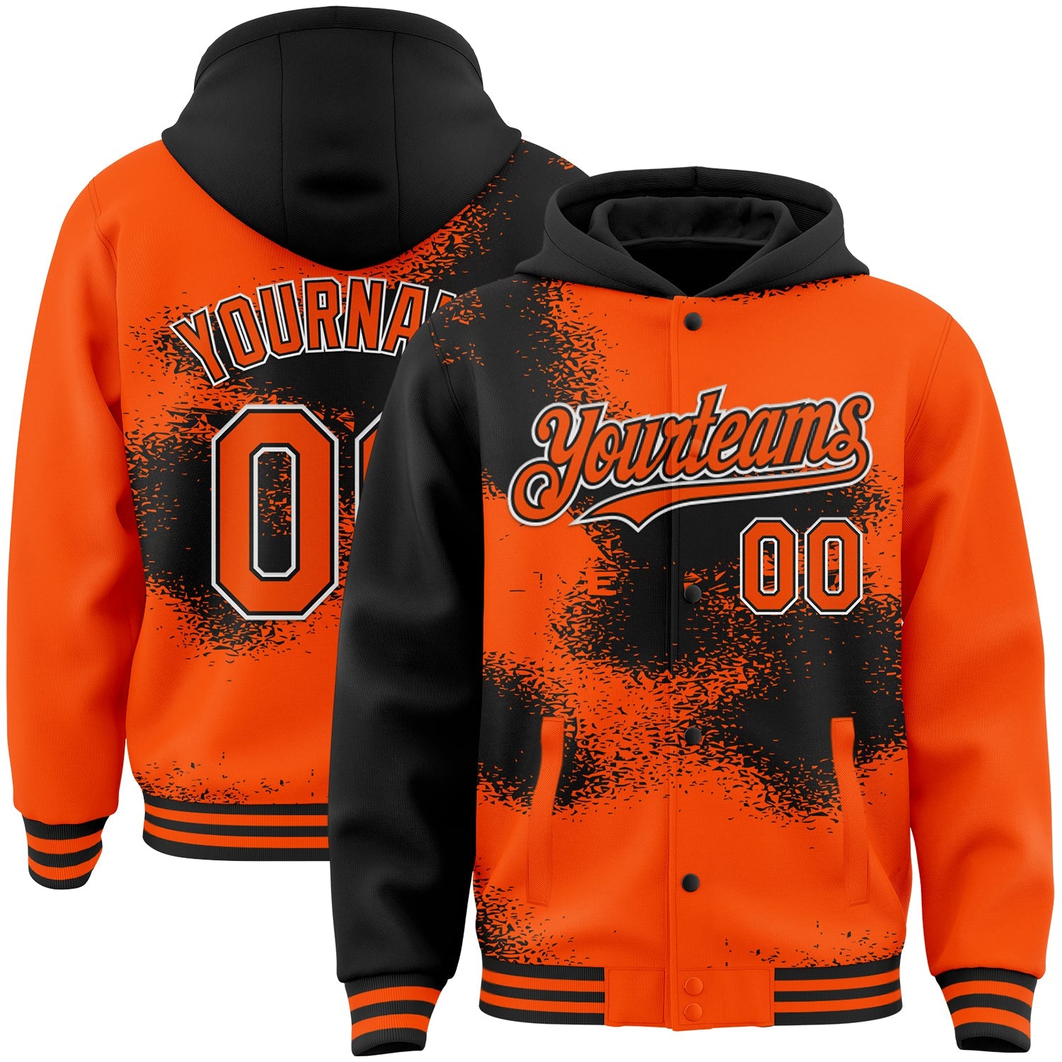 Custom Orange Black-White Abstract Color Blocks Fragment Art 3D Pattern Design Bomber Full-Snap Varsity Letterman Hoodie Jacket - Main View