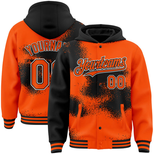 Custom Orange Black-White Abstract Color Blocks Fragment Art 3D Pattern Design Bomber Full-Snap Varsity Letterman Hoodie Jacket - Main View