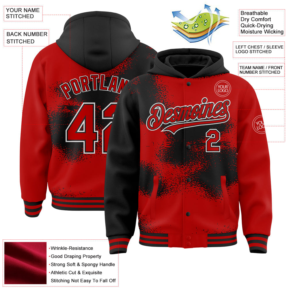 Custom Red Black-White Abstract Color Blocks Fragment Art 3D Pattern Design Bomber Full-Snap Varsity Letterman Hoodie Jacket view 3