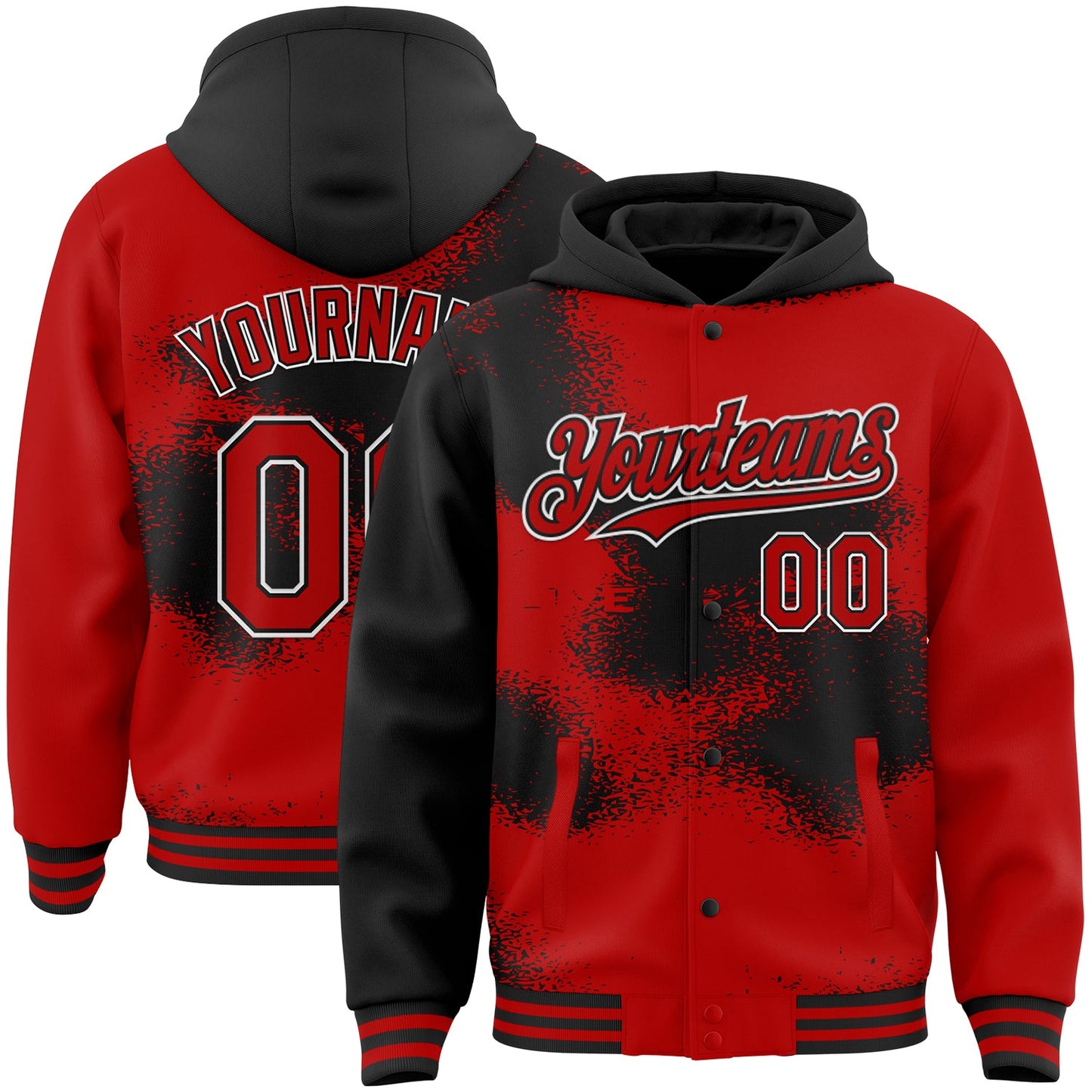 Custom Red Black-White Abstract Color Blocks Fragment Art 3D Pattern Design Bomber Full-Snap Varsity Letterman Hoodie Jacket - Main View
