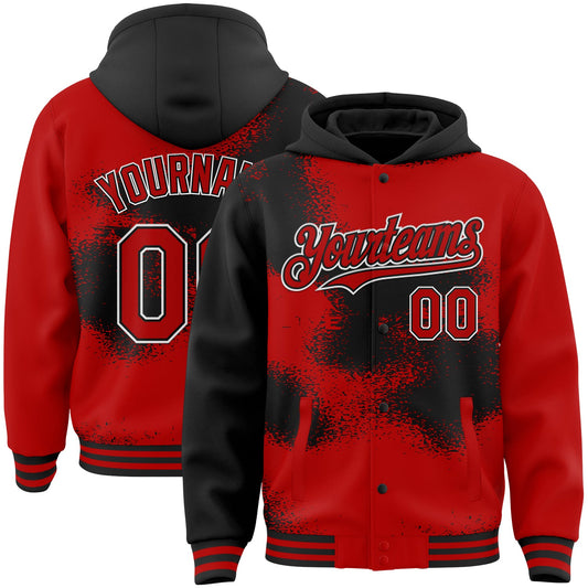 Custom Red Black-White Abstract Color Blocks Fragment Art 3D Pattern Design Bomber Full-Snap Varsity Letterman Hoodie Jacket - Main View