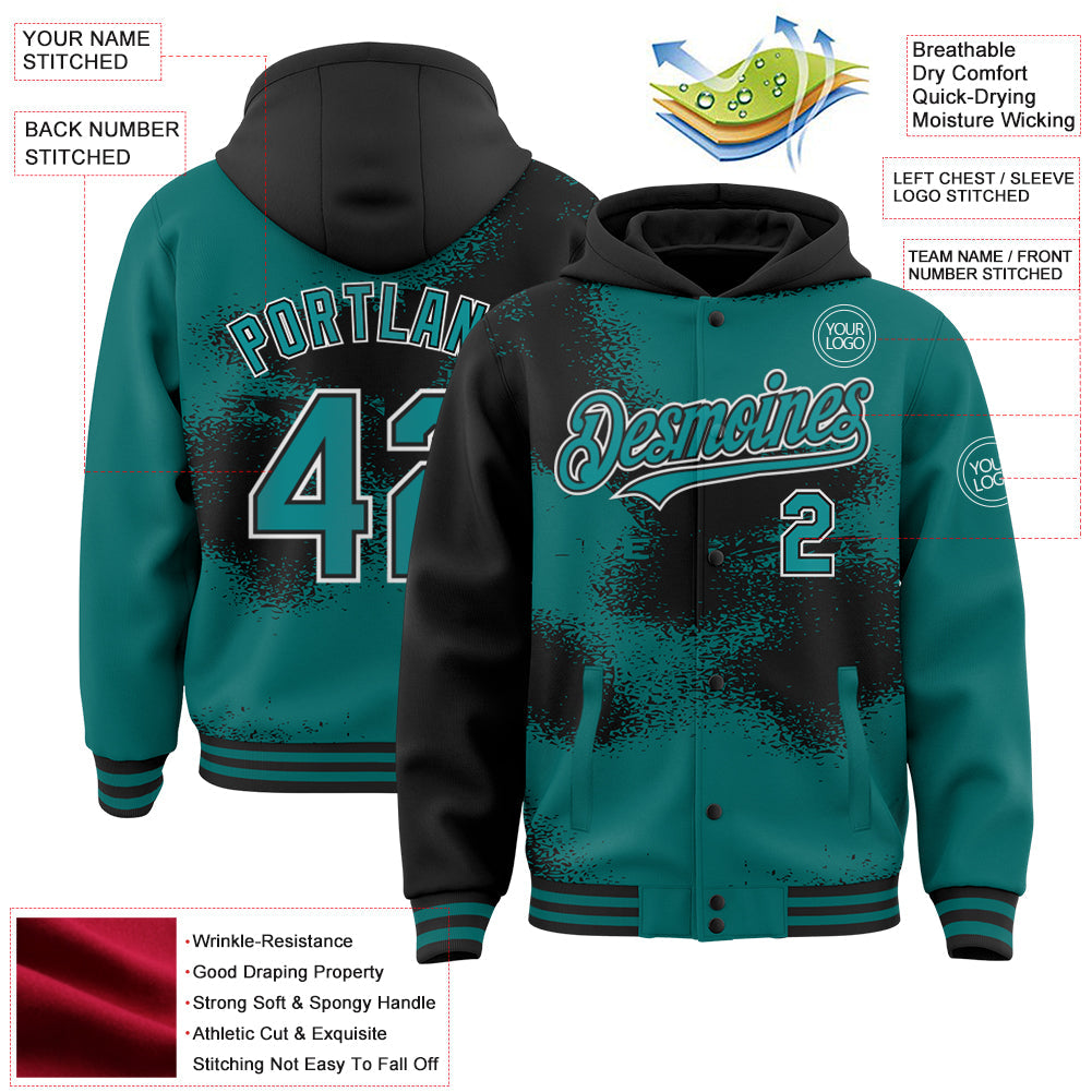 Custom Teal Black-White Abstract Color Blocks Fragment Art 3D Pattern Design Bomber Full-Snap Varsity Letterman Hoodie Jacket view 3
