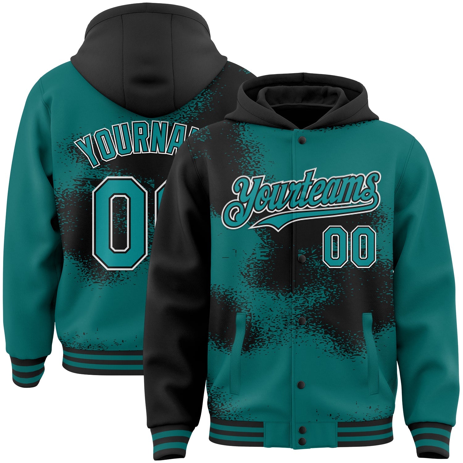 Custom Teal Black-White Abstract Color Blocks Fragment Art 3D Pattern Design Bomber Full-Snap Varsity Letterman Hoodie Jacket - Main View