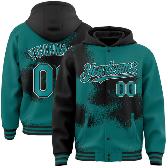 Custom Teal Black-White Abstract Color Blocks Fragment Art 3D Pattern Design Bomber Full-Snap Varsity Letterman Hoodie Jacket - Main View