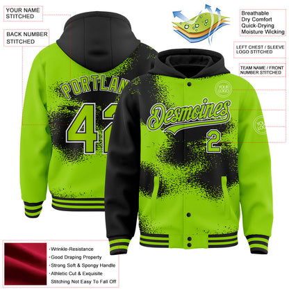 Custom Neon Green Black-White Abstract Color Blocks Fragment Art 3D Pattern Design Bomber Full-Snap Varsity Letterman Hoodie Jacket view 3