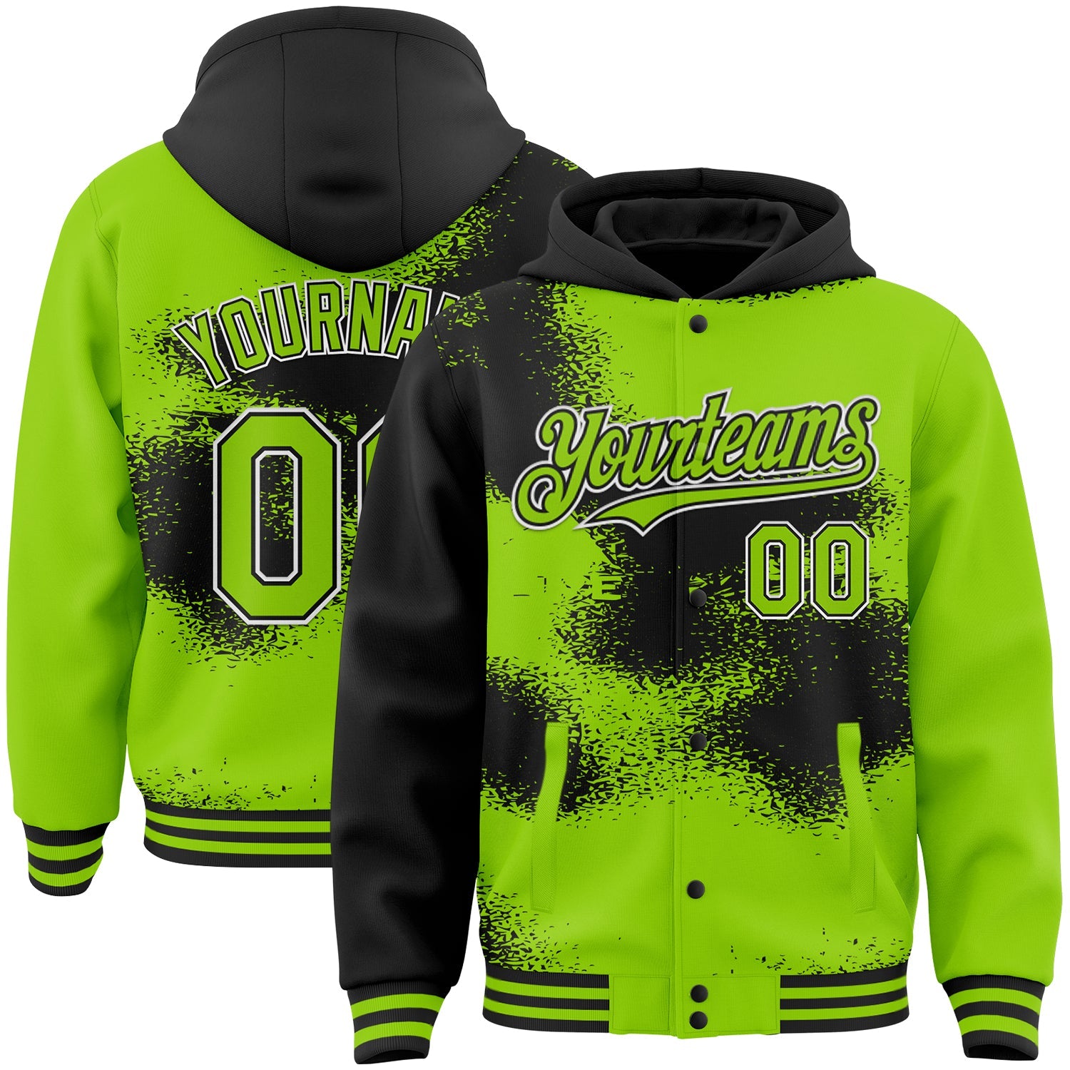 Custom Neon Green Black-White Abstract Color Blocks Fragment Art 3D Pattern Design Bomber Full-Snap Varsity Letterman Hoodie Jacket - Main View