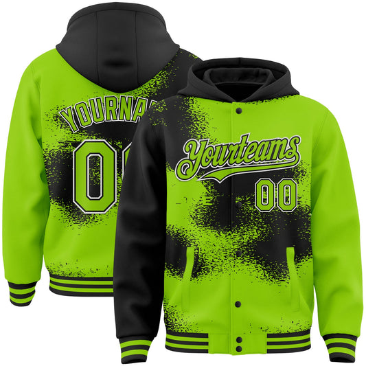 Custom Neon Green Black-White Abstract Color Blocks Fragment Art 3D Pattern Design Bomber Full-Snap Varsity Letterman Hoodie Jacket - Main View