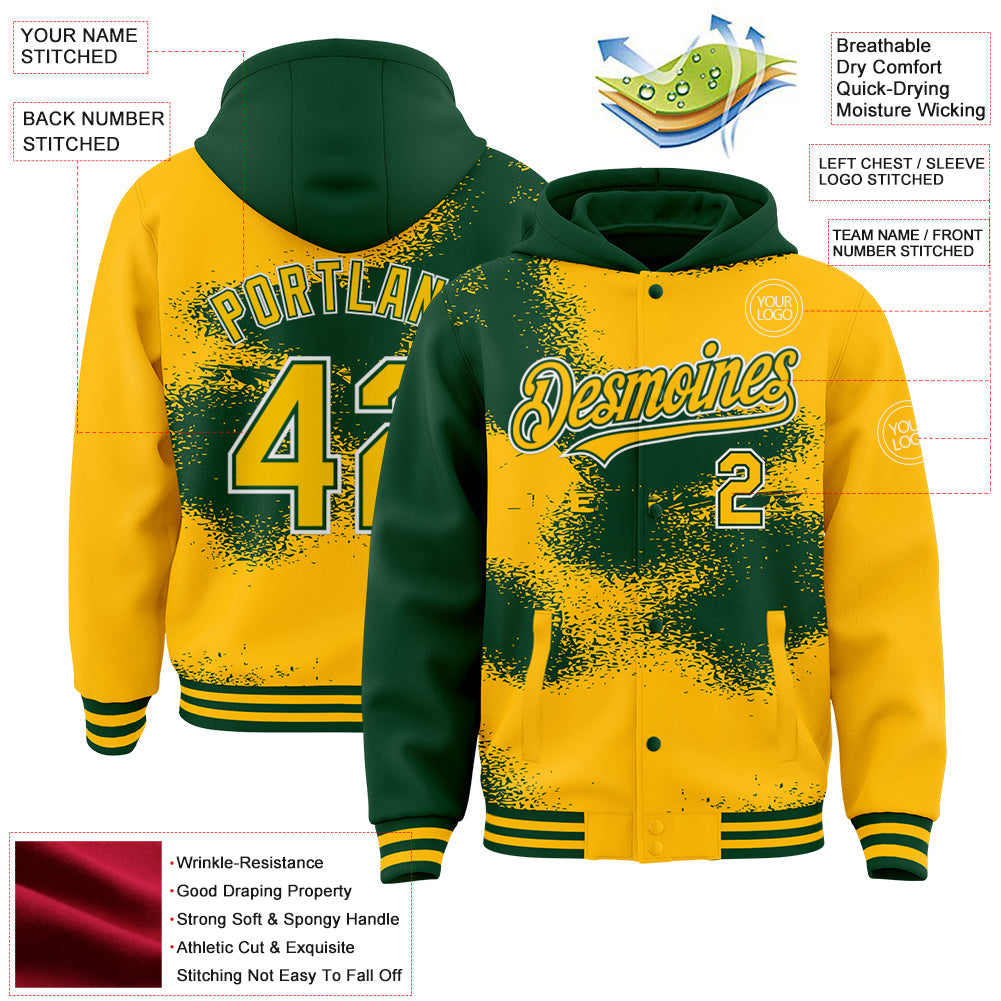 Custom Gold Green-White Abstract Color Blocks Fragment Art 3D Pattern Design Bomber Full-Snap Varsity Letterman Hoodie Jacket view 3