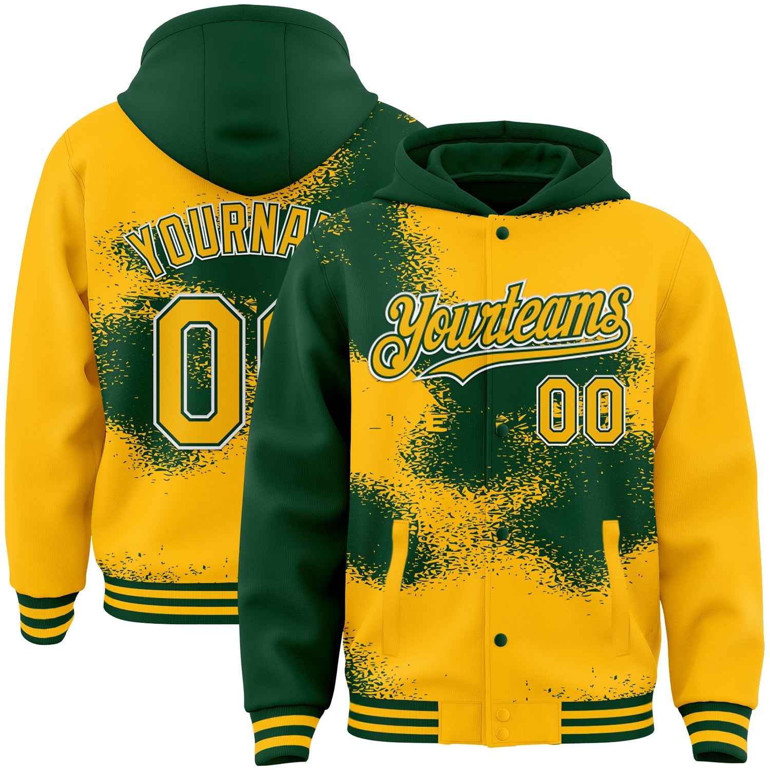 Custom Gold Green-White Abstract Color Blocks Fragment Art 3D Pattern Design Bomber Full-Snap Varsity Letterman Hoodie Jacket - Main View