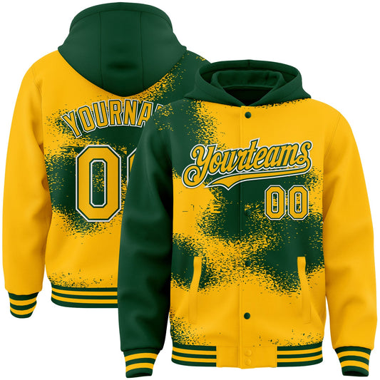 Custom Gold Green-White Abstract Color Blocks Fragment Art 3D Pattern Design Bomber Full-Snap Varsity Letterman Hoodie Jacket - Main View