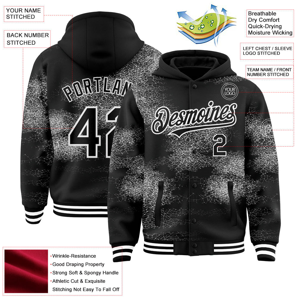 Custom Black White Abstract Network 3D Pattern Design Bomber Full-Snap Varsity Letterman Hoodie Jacket view 3