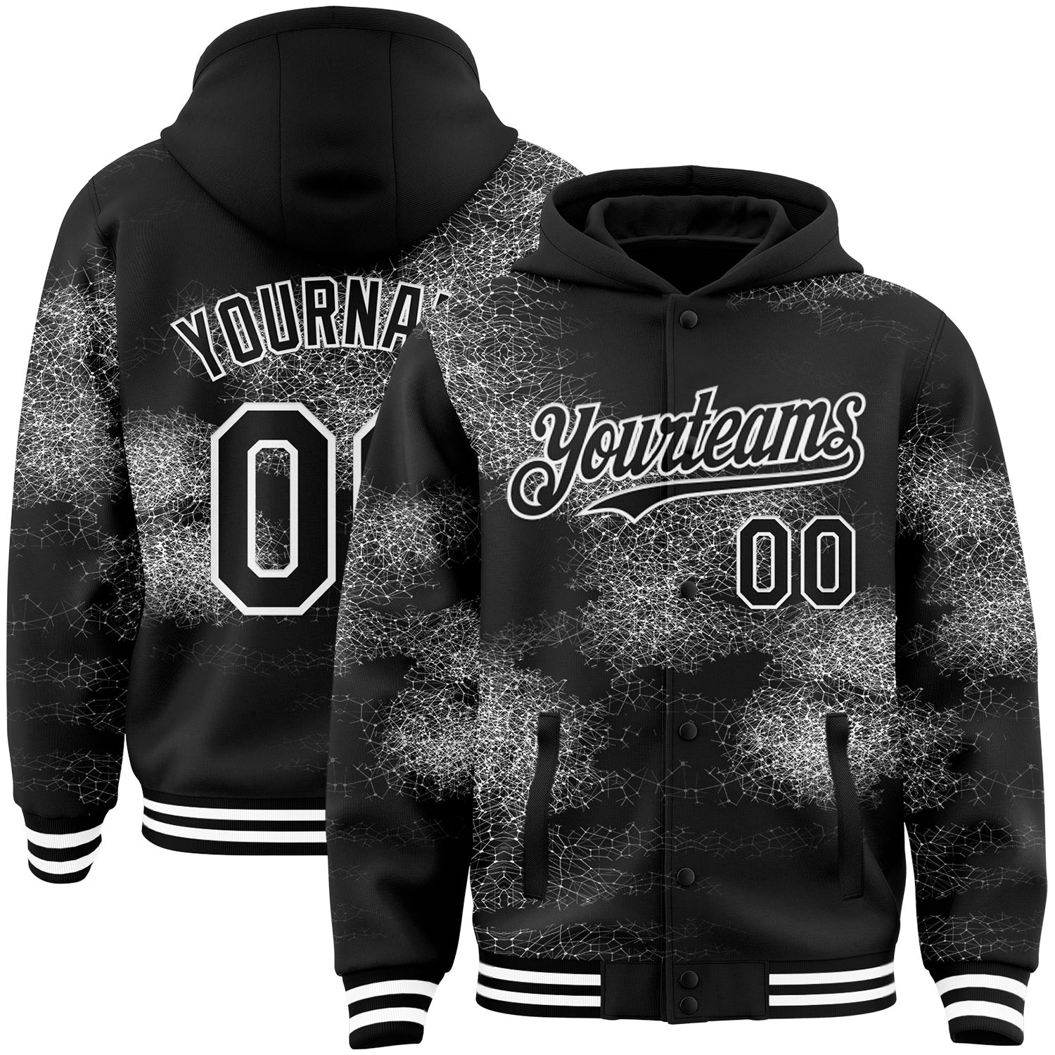Custom Black White Abstract Network 3D Pattern Design Bomber Full-Snap Varsity Letterman Hoodie Jacket - Main View