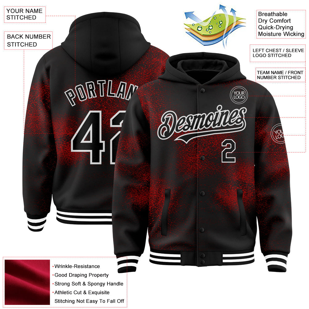Custom Black Red-White Abstract Network 3D Pattern Design Bomber Full-Snap Varsity Letterman Hoodie Jacket view 3