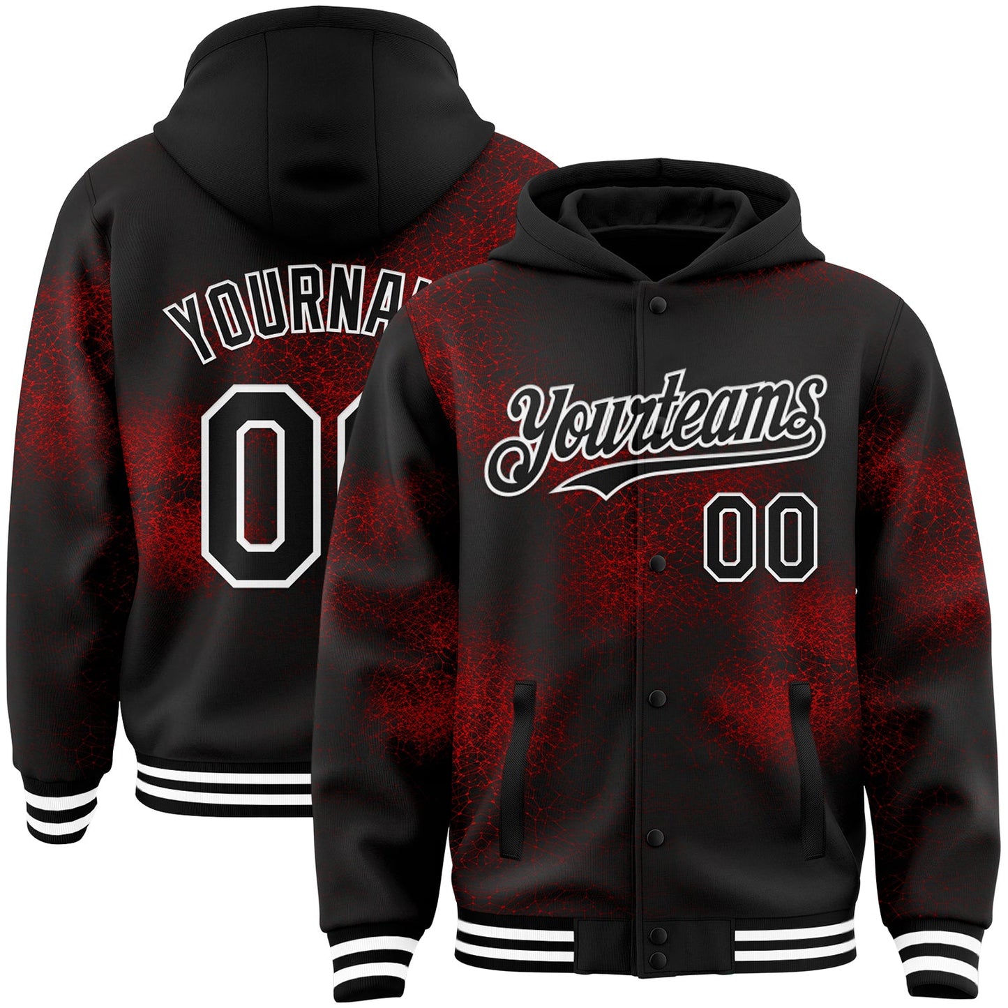 Custom Black Red-White Abstract Network 3D Pattern Design Bomber Full-Snap Varsity Letterman Hoodie Jacket - Main View