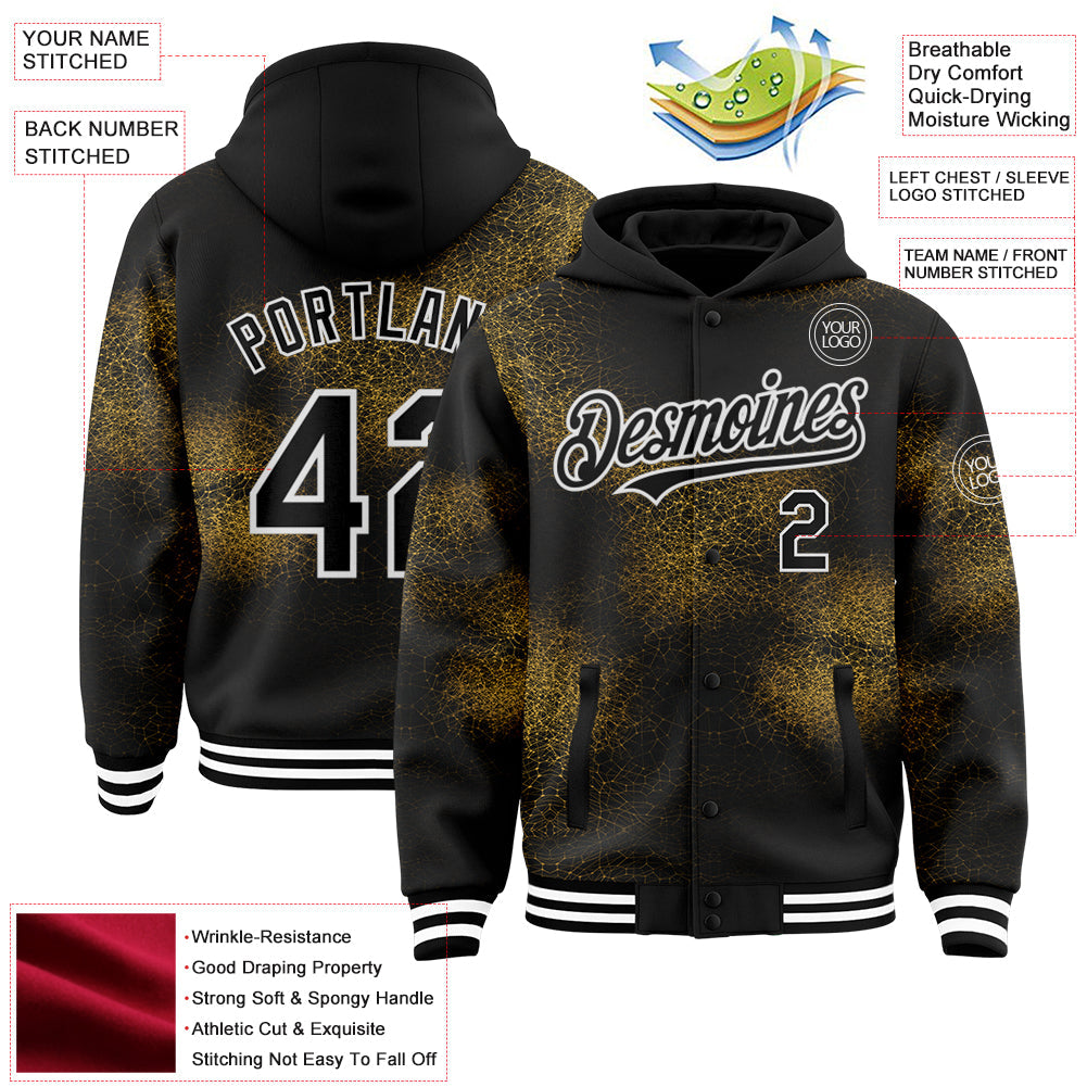 Custom Black Old Gold-White Abstract Network 3D Pattern Design Bomber Full-Snap Varsity Letterman Hoodie Jacket view 3