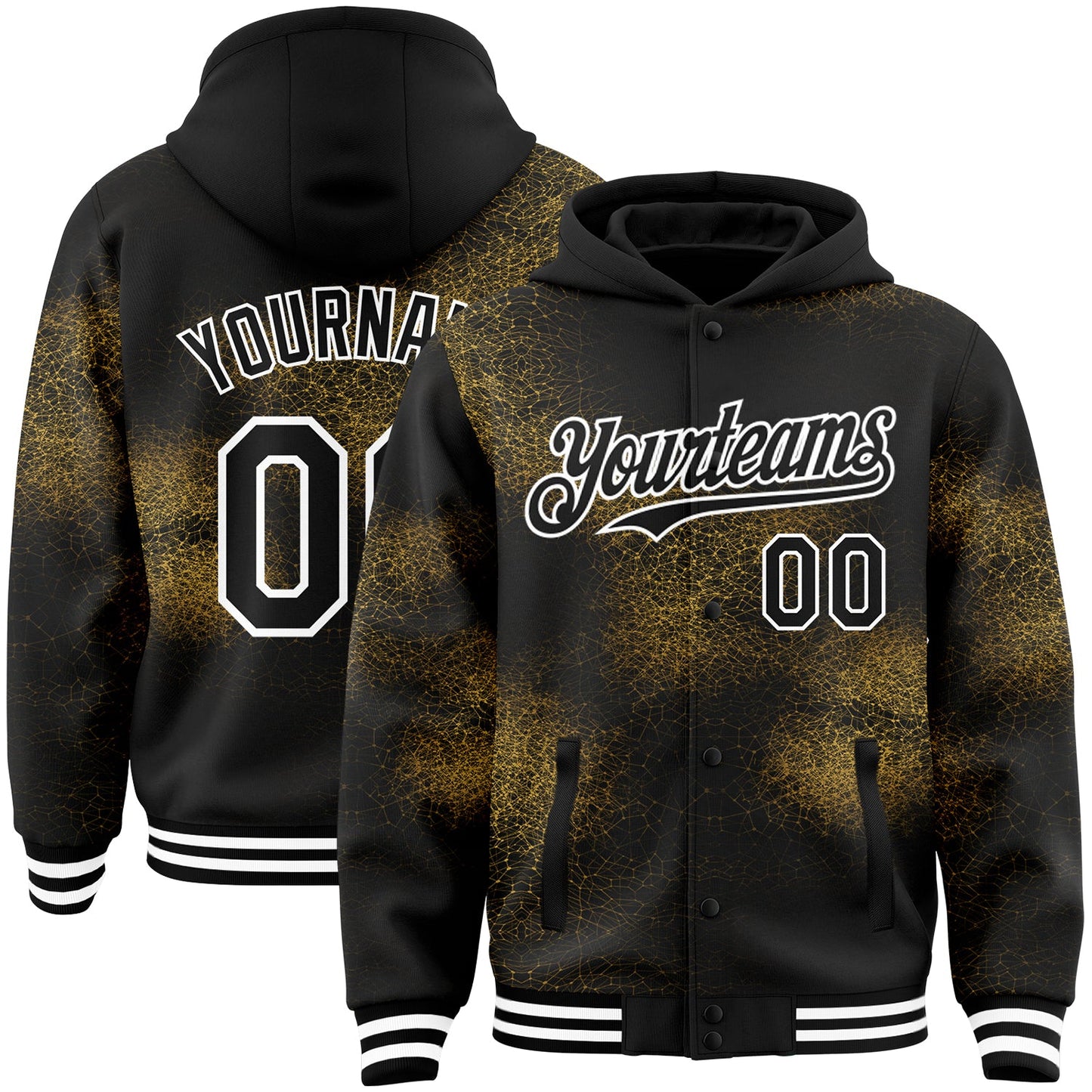 Custom Black Old Gold-White Abstract Network 3D Pattern Design Bomber Full-Snap Varsity Letterman Hoodie Jacket - Main View