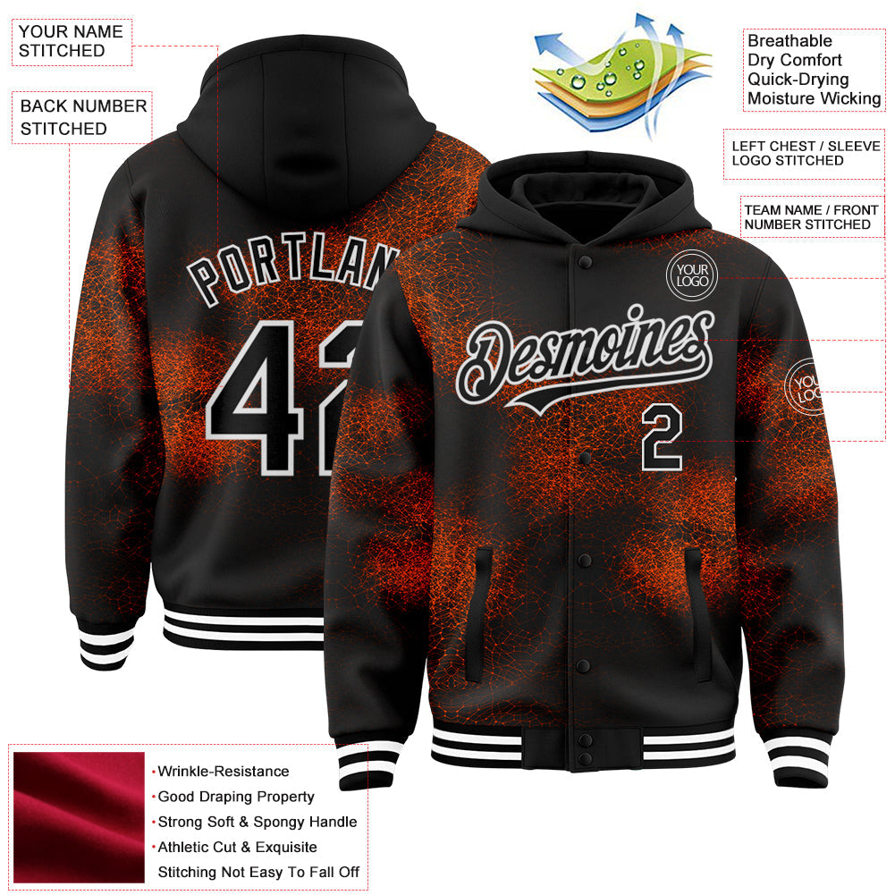 Custom Black Orange-White Abstract Network 3D Pattern Design Bomber Full-Snap Varsity Letterman Hoodie Jacket view 3