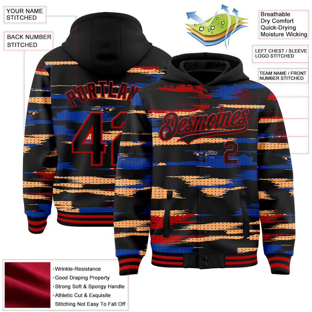 Custom Black Red Royal-Yellow Abstract Color Blocks 3D Pattern Design Bomber Full-Snap Varsity Letterman Hoodie Jacket view 3