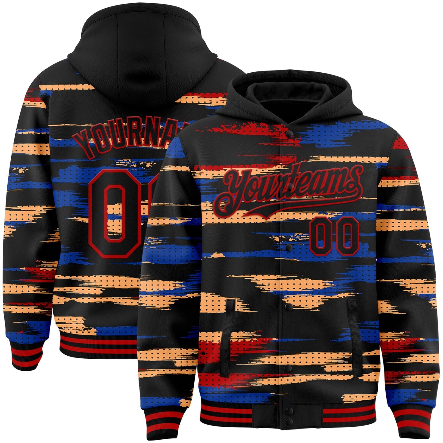 Custom Black Red Royal-Yellow Abstract Color Blocks 3D Pattern Design Bomber Full-Snap Varsity Letterman Hoodie Jacket - Main View