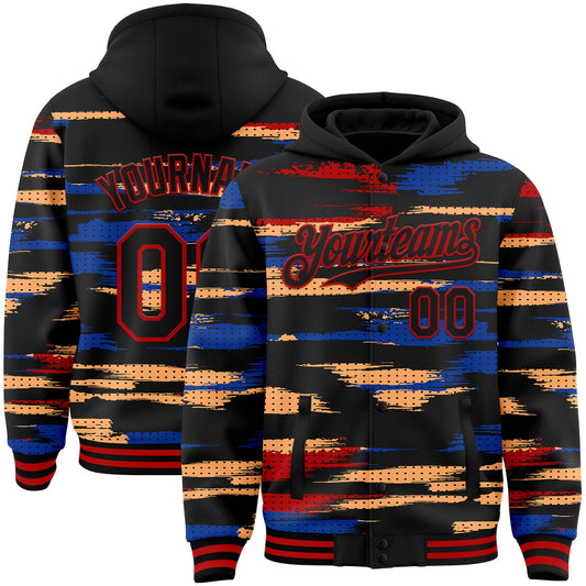 Custom Black Red Royal-Yellow Abstract Color Blocks 3D Pattern Design Bomber Full-Snap Varsity Letterman Hoodie Jacket - Main View