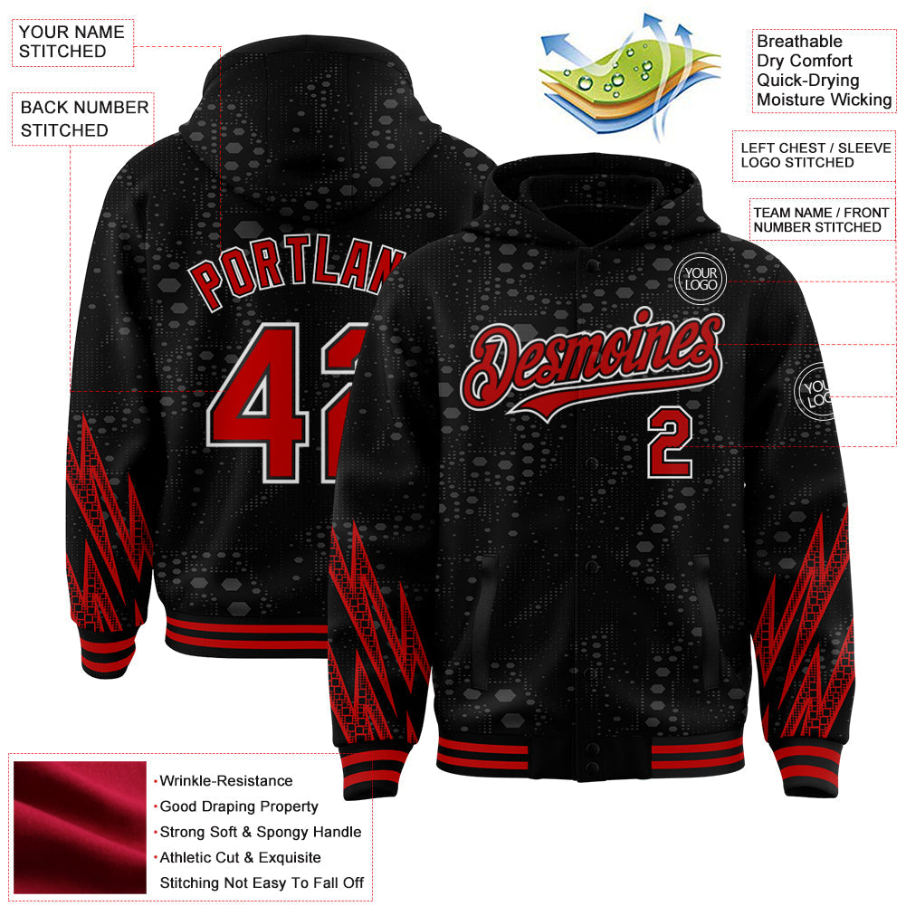 Custom Black Red-White Geometric Shape 3D Pattern Design Bomber Full-Snap Varsity Letterman Hoodie Jacket view 3