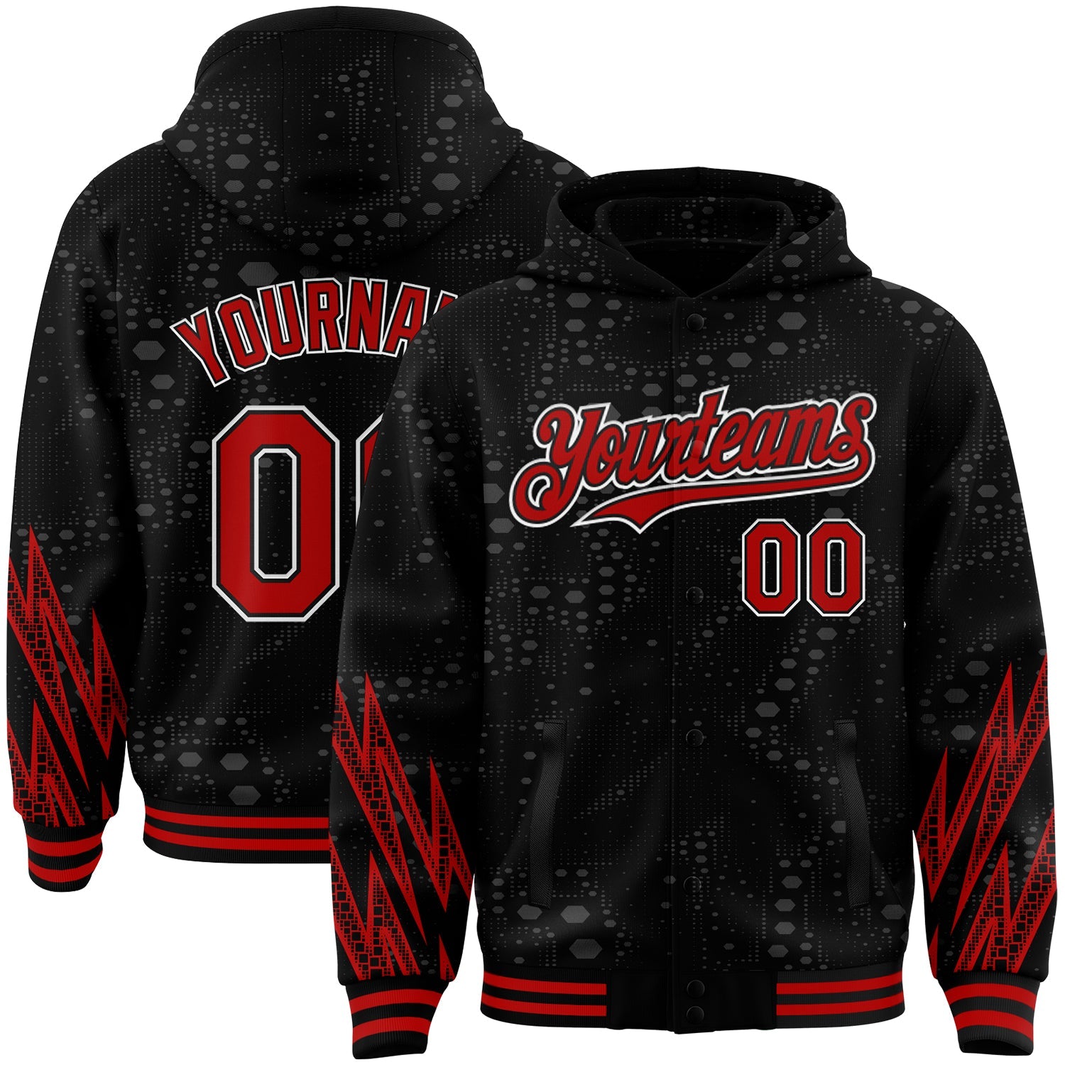 Custom Black Red-White Geometric Shape 3D Pattern Design Bomber Full-Snap Varsity Letterman Hoodie Jacket - Main View