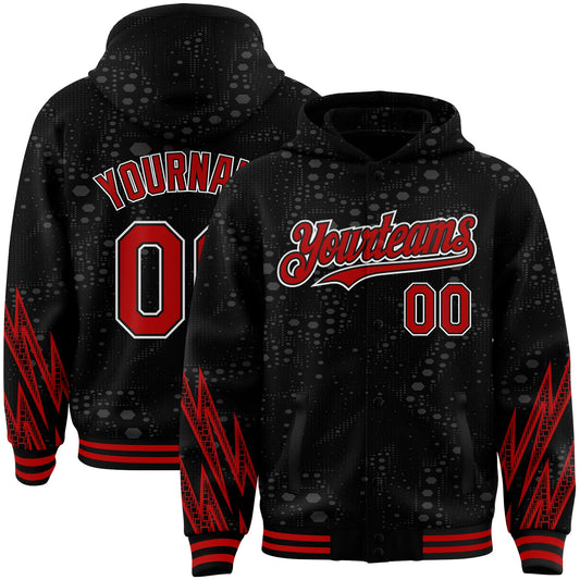 Custom Black Red-White Geometric Shape 3D Pattern Design Bomber Full-Snap Varsity Letterman Hoodie Jacket - Main View