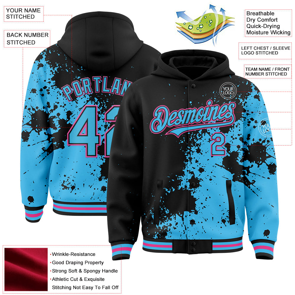 Custom Black Sky Blue-Pink Abstract Splash Grunge Art 3D Pattern Design Bomber Full-Snap Varsity Letterman Hoodie Jacket view 3