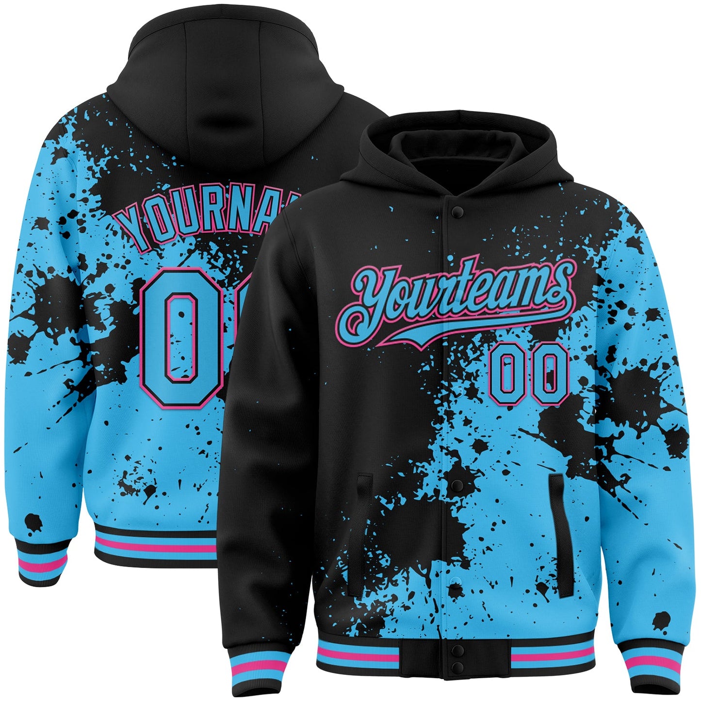 Custom Black Sky Blue-Pink Abstract Splash Grunge Art 3D Pattern Design Bomber Full-Snap Varsity Letterman Hoodie Jacket - Main View