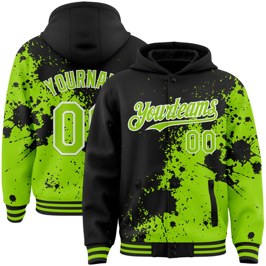 Custom Black Neon Green-White Abstract Splash Grunge Art 3D Pattern Design Bomber Full-Snap Varsity Letterman Hoodie Jacket - Main View