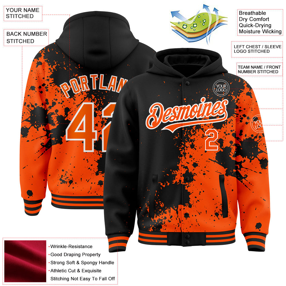 Custom Black Orange-White Abstract Splash Grunge Art 3D Pattern Design Bomber Full-Snap Varsity Letterman Hoodie Jacket view 3