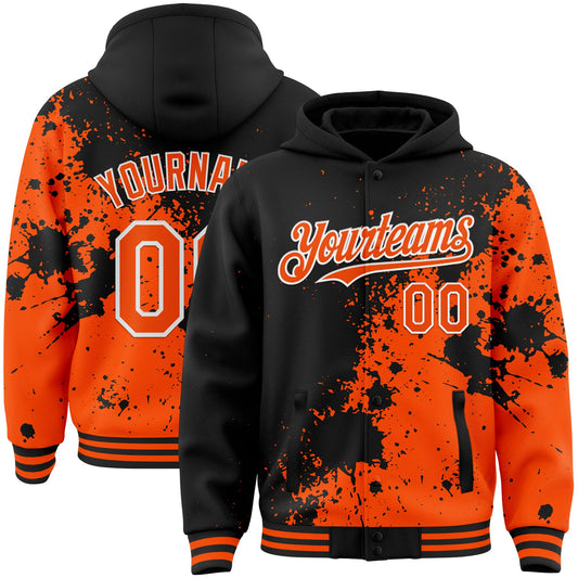 Custom Black Orange-White Abstract Splash Grunge Art 3D Pattern Design Bomber Full-Snap Varsity Letterman Hoodie Jacket - Main View