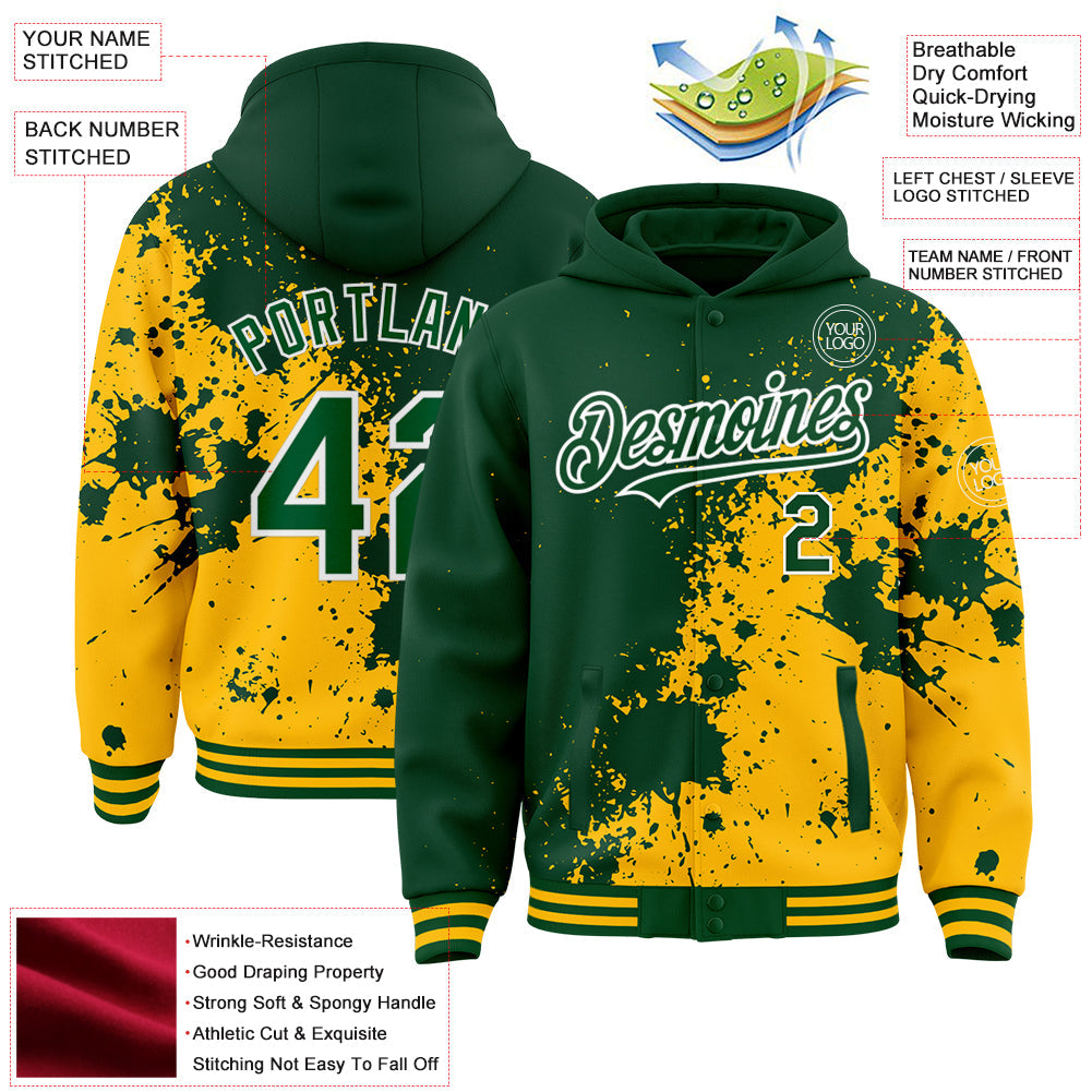 Custom Green Gold-White Abstract Splash Grunge Art 3D Pattern Design Bomber Full-Snap Varsity Letterman Hoodie Jacket view 3