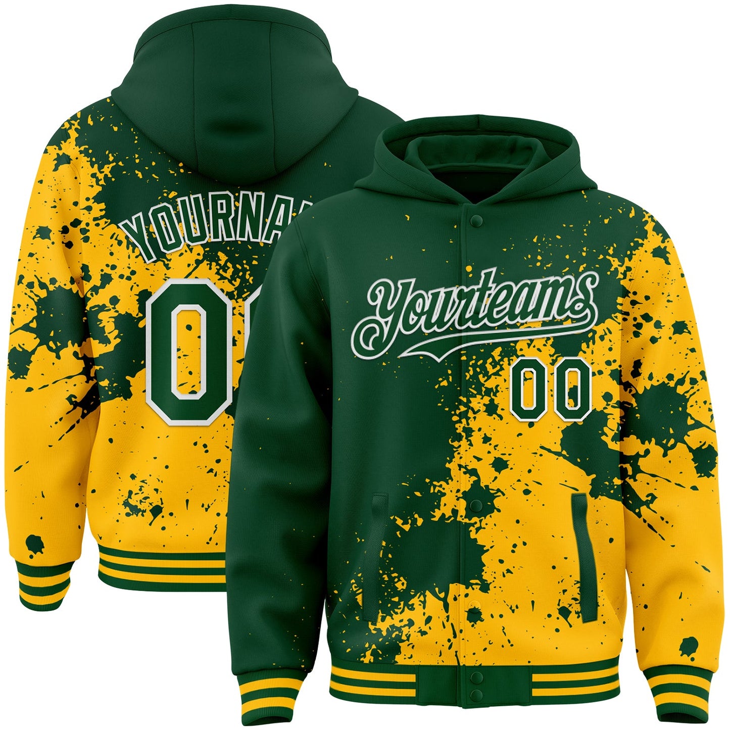 Custom Green Gold-White Abstract Splash Grunge Art 3D Pattern Design Bomber Full-Snap Varsity Letterman Hoodie Jacket - Main View