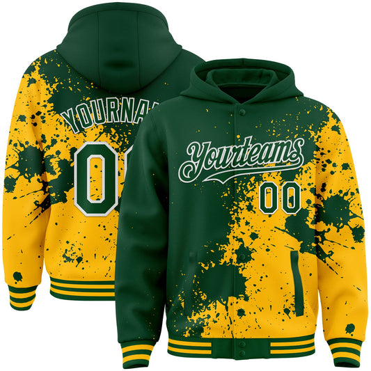 Custom Green Gold-White Abstract Splash Grunge Art 3D Pattern Design Bomber Full-Snap Varsity Letterman Hoodie Jacket - Main View