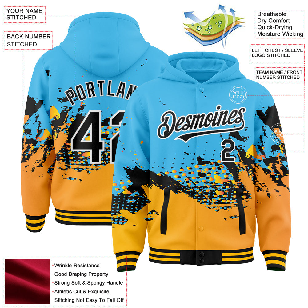 Custom Sky Blue Black-Gold Abstract Splash Grunge Art 3D Pattern Design Bomber Full-Snap Varsity Letterman Hoodie Jacket view 3