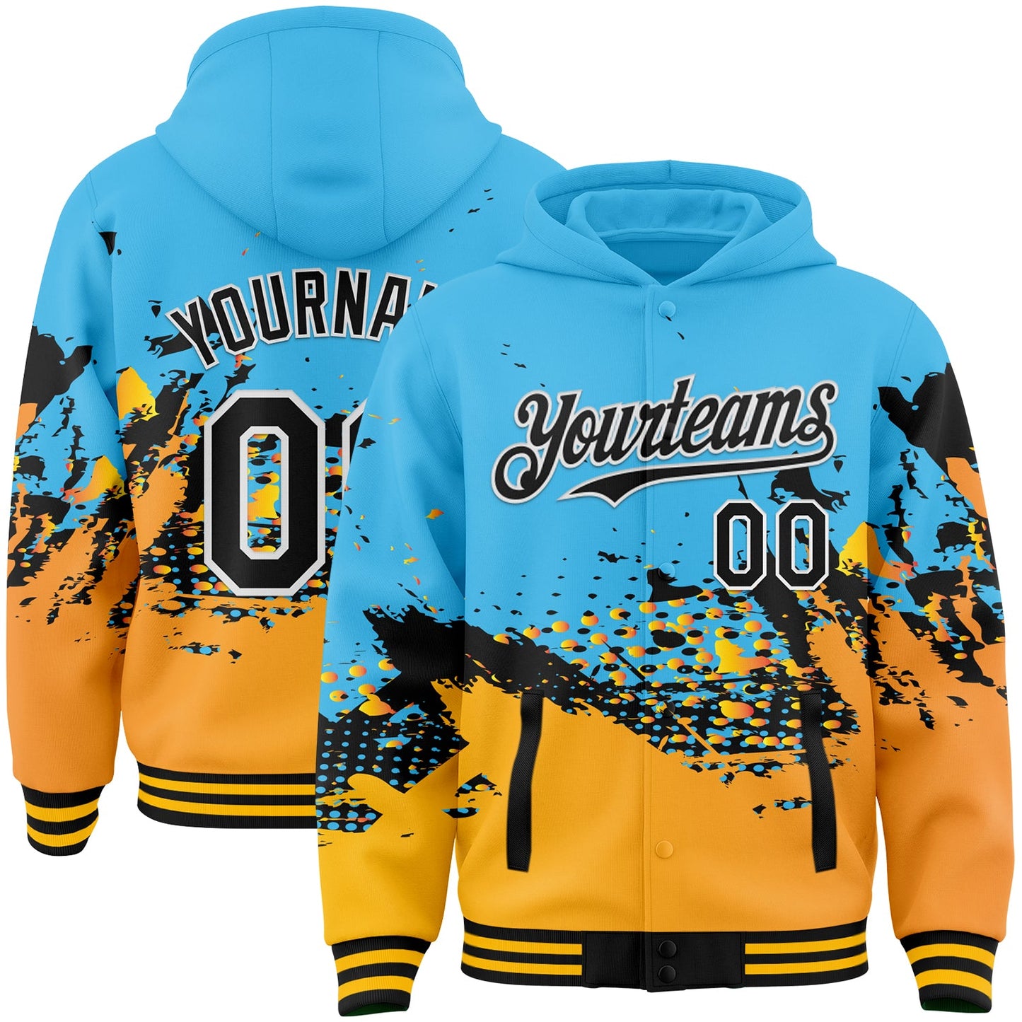 Custom Sky Blue Black-Gold Abstract Splash Grunge Art 3D Pattern Design Bomber Full-Snap Varsity Letterman Hoodie Jacket - Main View