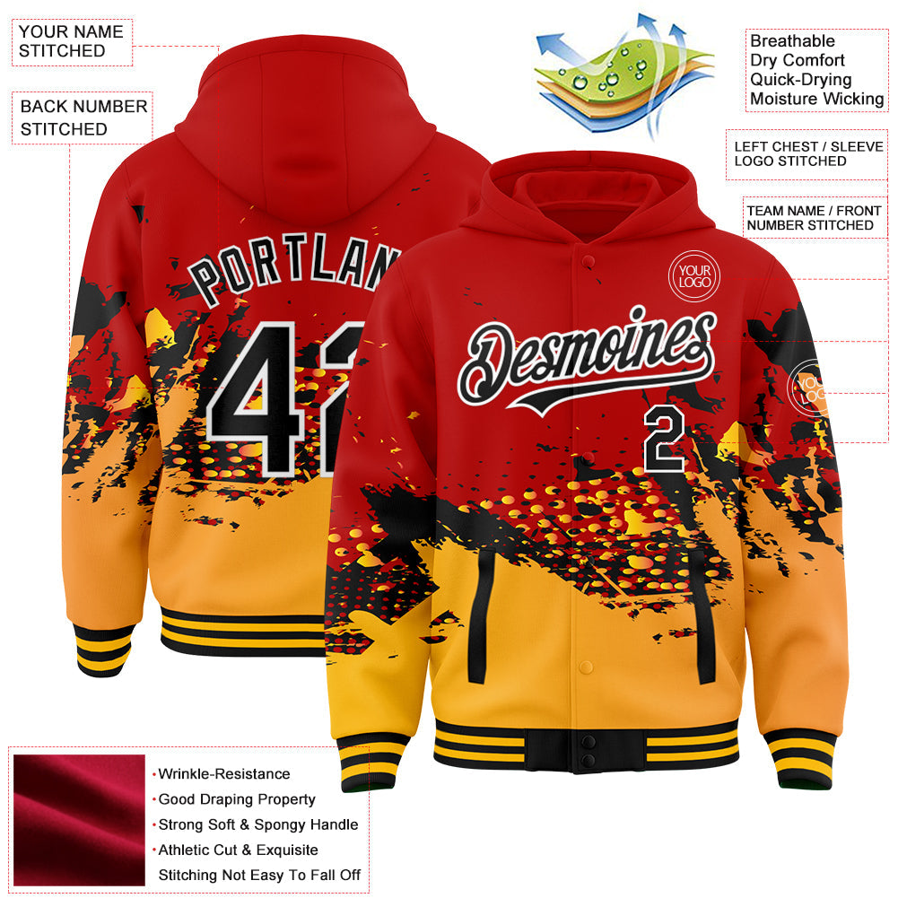 Custom Red Black-Gold Abstract Splash Grunge Art 3D Pattern Design Bomber Full-Snap Varsity Letterman Hoodie Jacket view 3