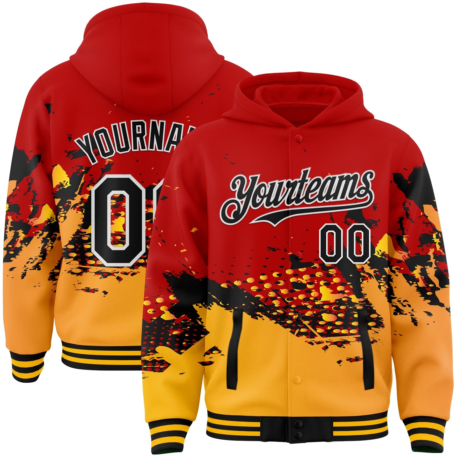 Custom Red Black-Gold Abstract Splash Grunge Art 3D Pattern Design Bomber Full-Snap Varsity Letterman Hoodie Jacket - Main View