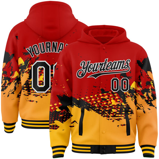 Custom Red Black-Gold Abstract Splash Grunge Art 3D Pattern Design Bomber Full-Snap Varsity Letterman Hoodie Jacket - Main View